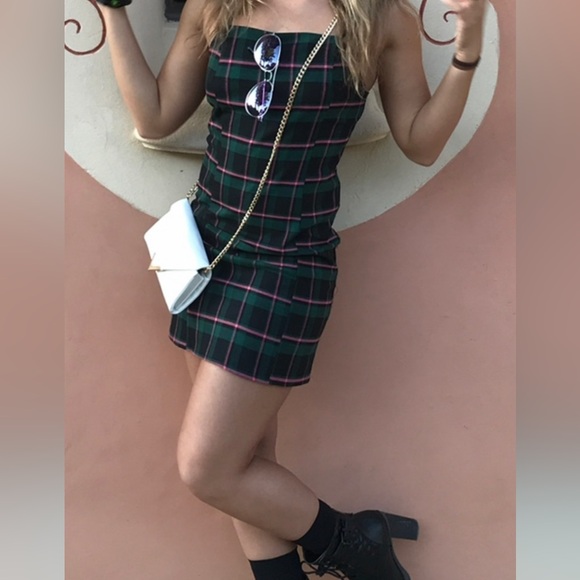 Urban Outfitters Plaid Mini Dress - Dark Green and Pink - Picture 1 of 6